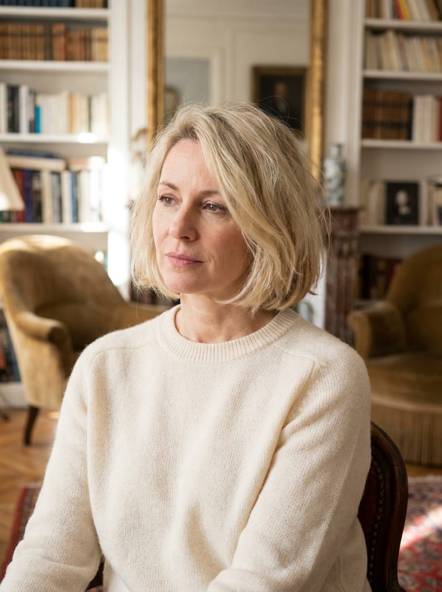 French Bob in länger und cremigem Blond - Mittellanger blonder Bob
